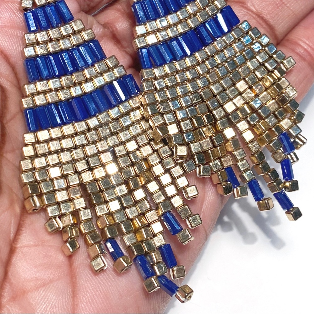 New Iridescent Navy Blue & Metallic Gold Beaded Fringe Earrings, Boho Style - Picture 10 of 14